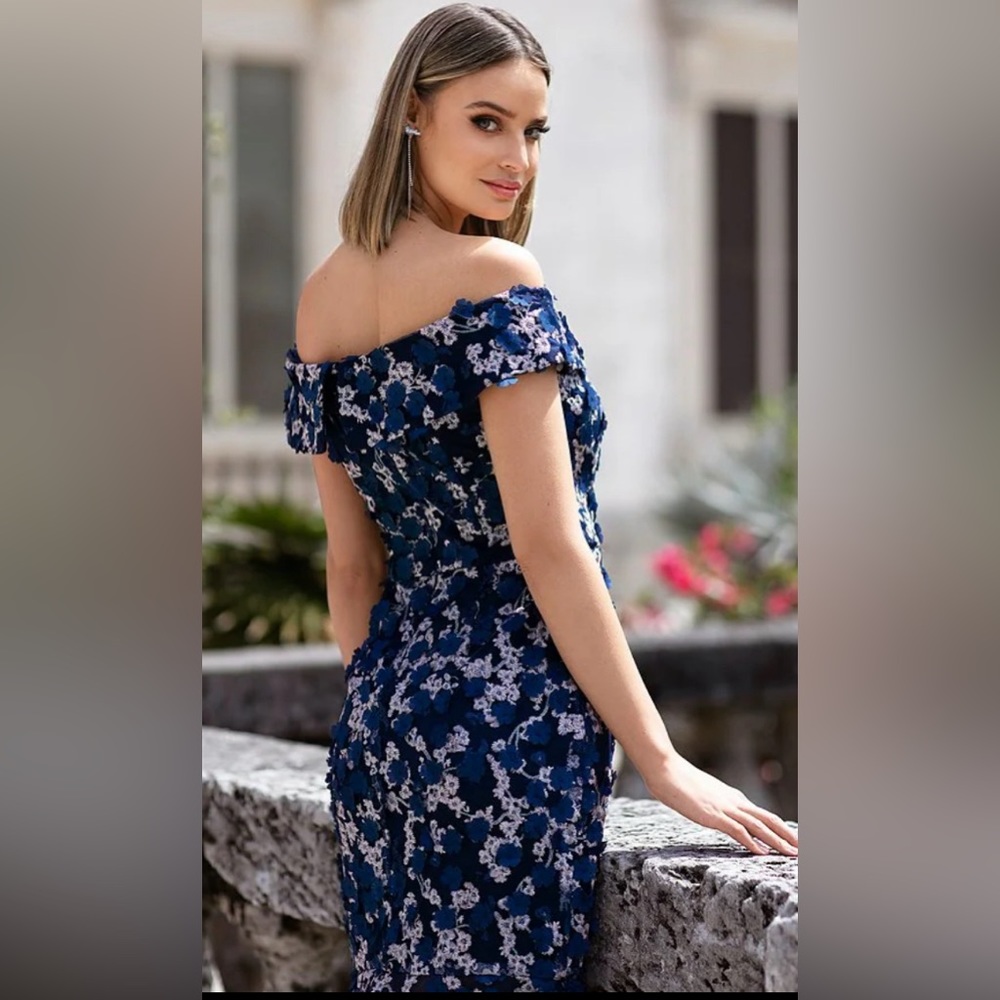 Xscape Navy Blue Floral Off-Shoulder Dress